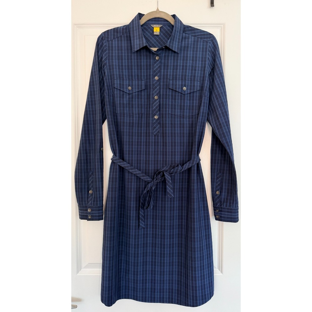 Eddie Bauer Travex Tall Medium Navy Plaid Shirt Dress Tie Waist Stretch EUC